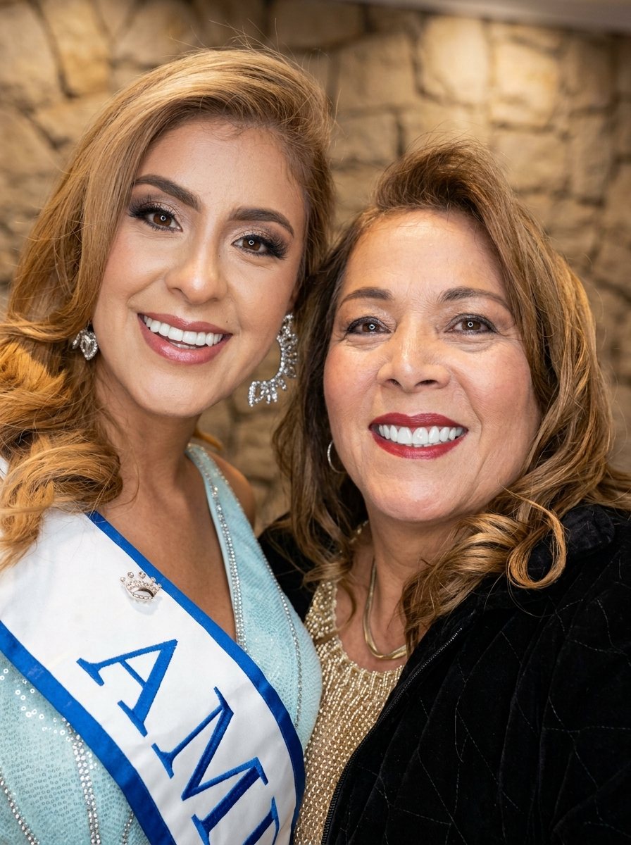 La Dra. Adriana Labrador junto a una reina de belleza con banda