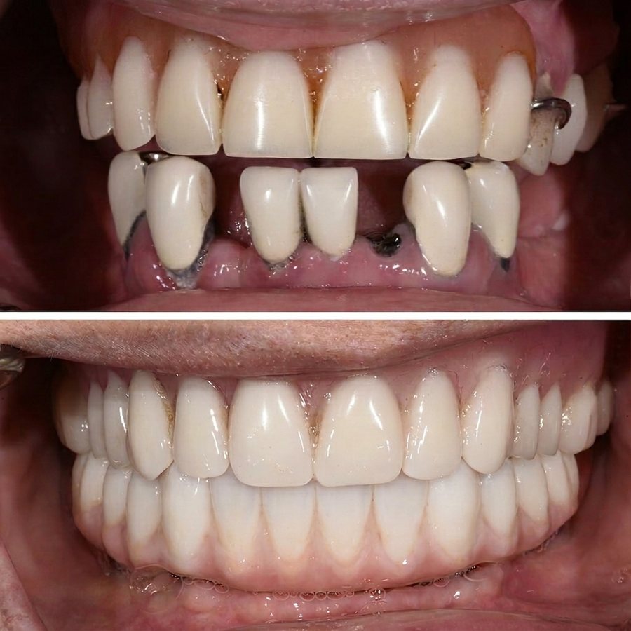 Antes y después de implantes en dientes frontales inferiores