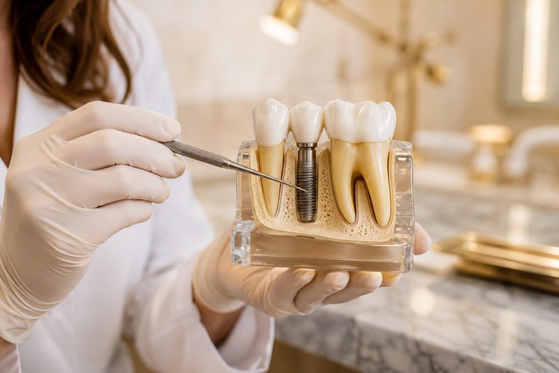 Implante dental de titanio con corona de cerámica